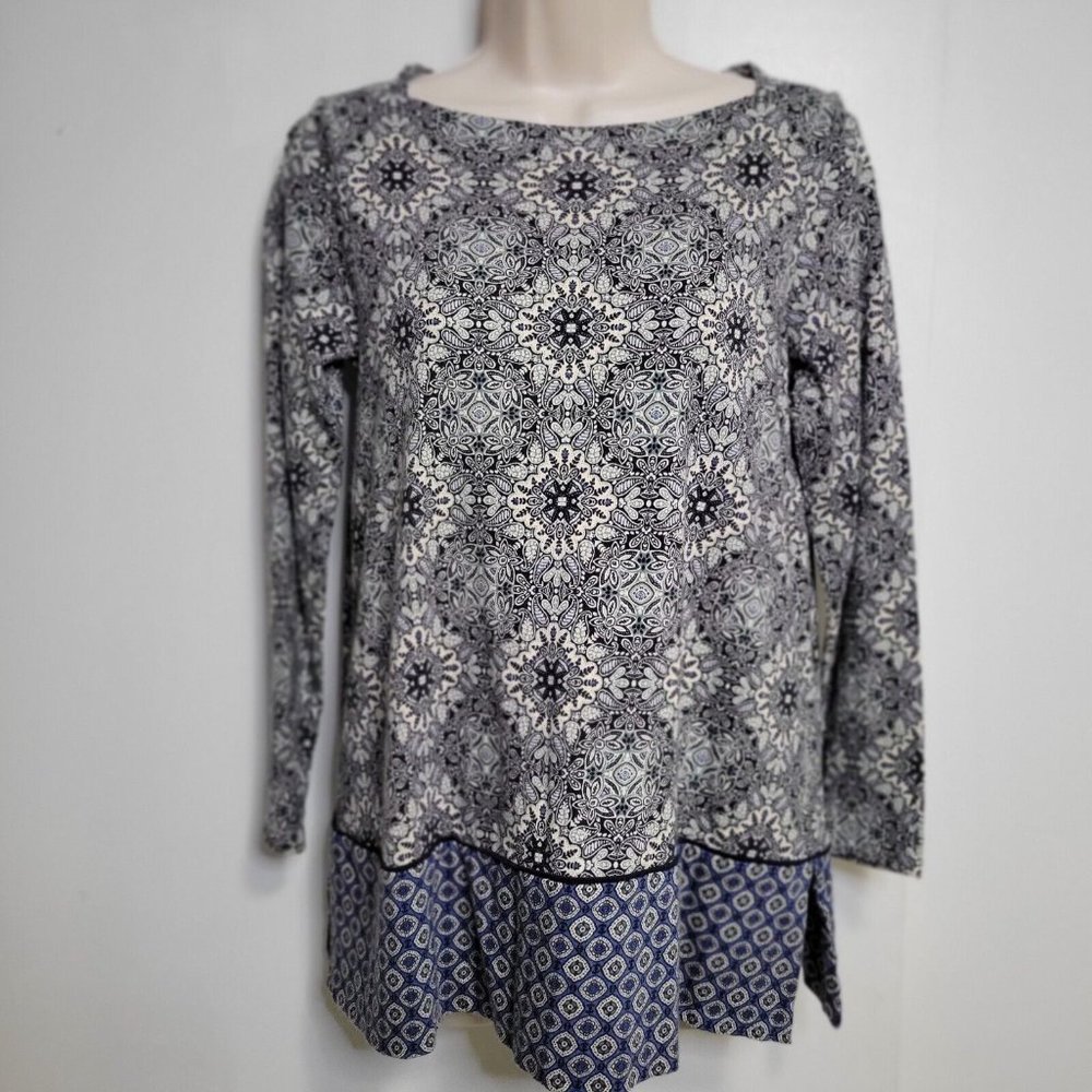 J. Jill Petite Size PXS Navy Blue Medallion Print Round Neck Tunic Top w Pockets